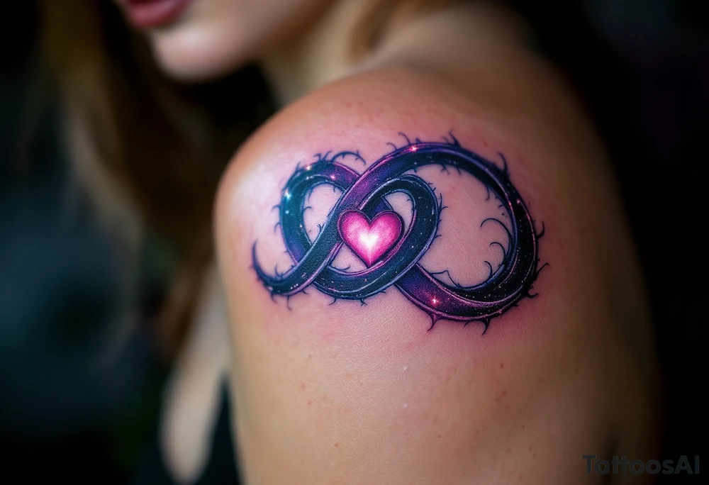 A purple and black shaded infinity symbol wrapping around a glowing red heart in the middle. tattoo idea
