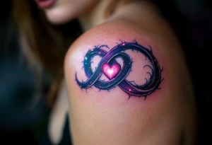 A purple and black shaded infinity symbol wrapping around a glowing red heart in the middle. tattoo idea