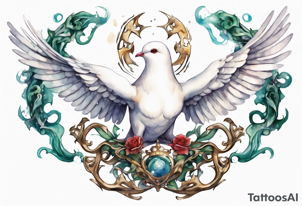 a white dove-serpent hybrid, holding an iron crown tattoo idea