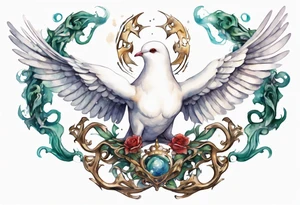 a white dove-serpent hybrid, holding an iron crown tattoo idea