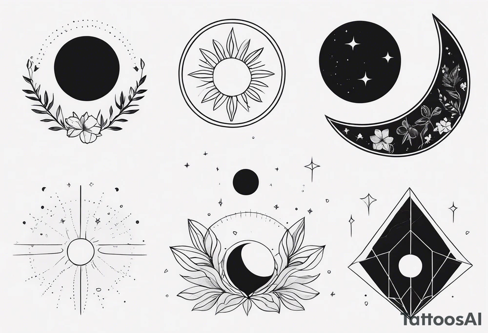 Moon phases in horizontal line, crystal, floral tattoo idea