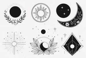 Moon phases in horizontal line, crystal, floral tattoo idea