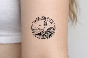 South Portland maine city circular symbol with lighthouse on it tattoo idea