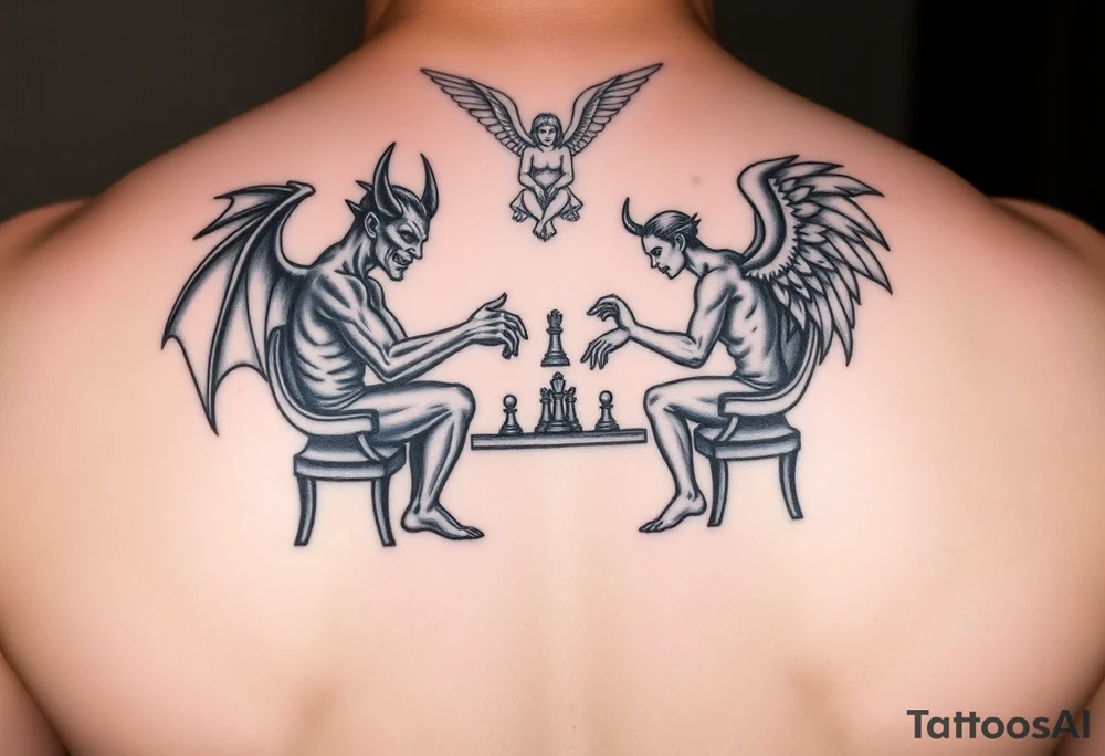 devil and angel playing chess in black. Make them seem like people and not animals. Sitting on chairs with an angel watching tattoo idea