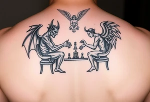 devil and angel playing chess in black. Make them seem like people and not animals. Sitting on chairs with an angel watching tattoo idea