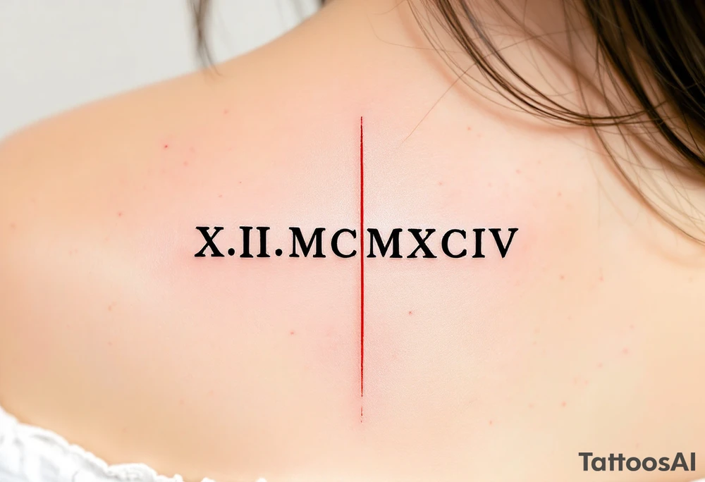 XX.III.MCMXCIV along the spine in bold black Roman font, split by a thin vertical red line for symmetry. tattoo idea