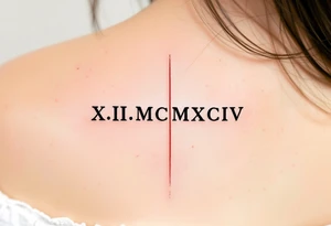XX.III.MCMXCIV along the spine in bold black Roman font, split by a thin vertical red line for symmetry. tattoo idea
