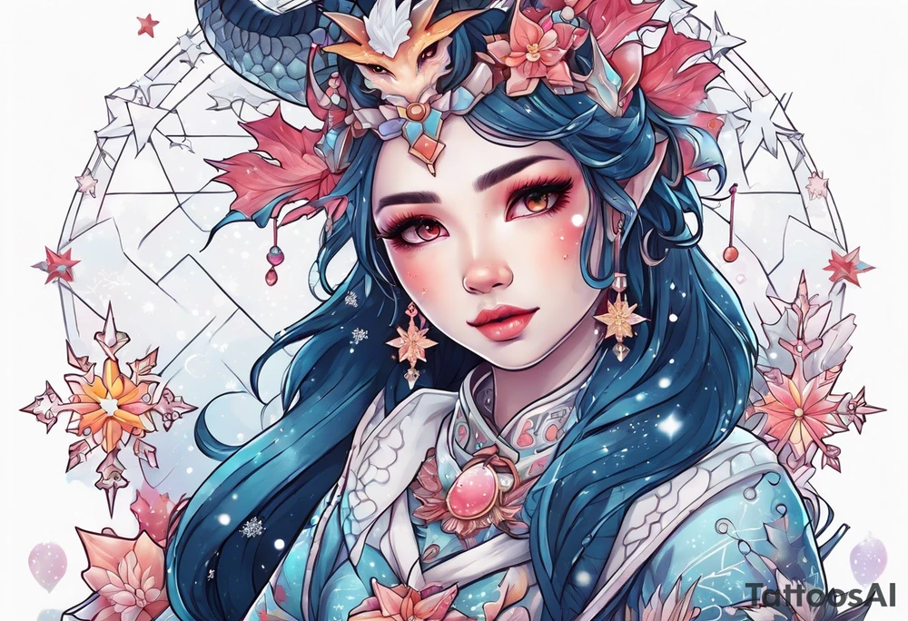 Constellation, kawaii dragon girl , snowflake tattoo idea