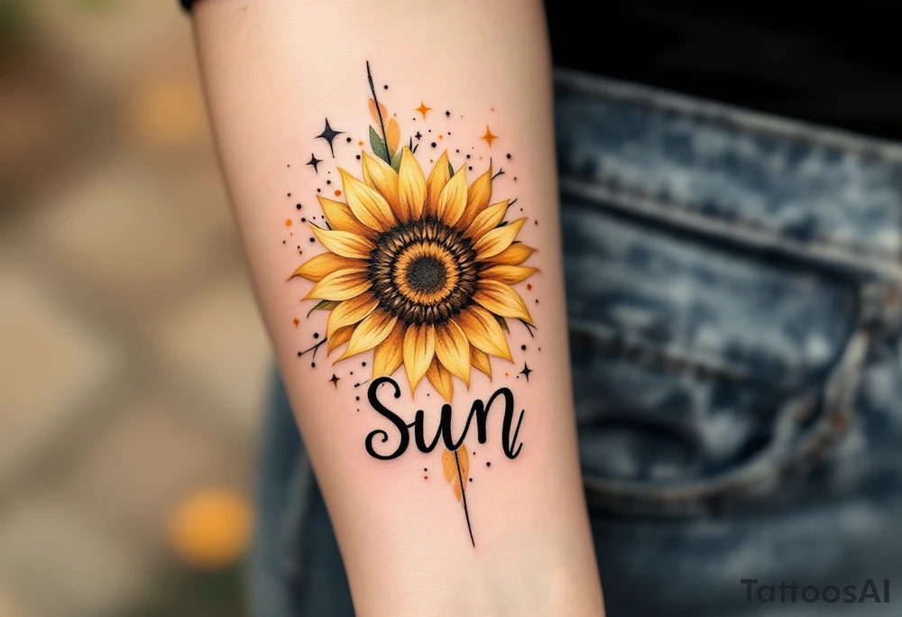 Word "Sun" written vertical with sunflower tattoo idea