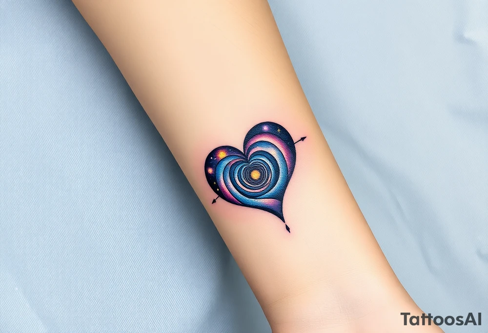 One fully depicted infinity symbol and heart made of swirling galaxy patterns at its end tattoo idea