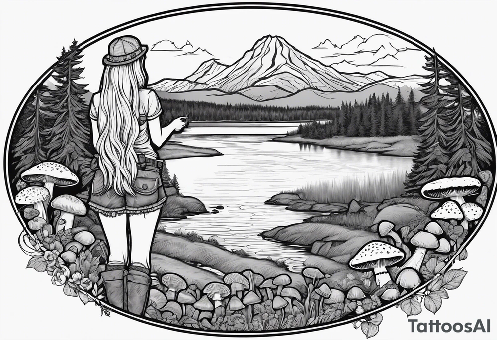 Whole picture encircled fully

Straight long blonde hair hippie girl in distance holding mushrooms in hand facing away toward mountains and creek surrounded by mushrooms long sleeve shirt and hiking pants; whole rendering within a full celtic circle border, no cut off circle tattoo idea
