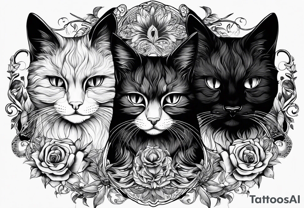 three cat heads next to next with first ones hands on its eyes next ones hands on its mouth and next ones hands on its ears tattoo idea