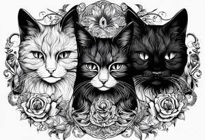 three cat heads next to next with first ones hands on its eyes next ones hands on its mouth and next ones hands on its ears tattoo idea