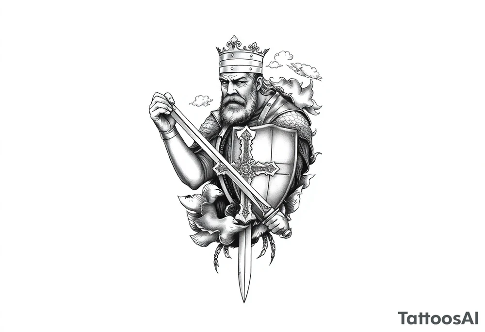 Half sleeve. King Alfred the great, sword, clouds, shield, cross tattoo idea