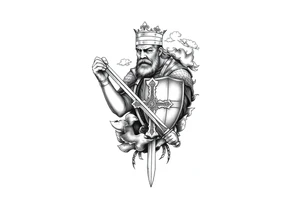 Half sleeve. King Alfred the great, sword, clouds, shield, cross tattoo idea