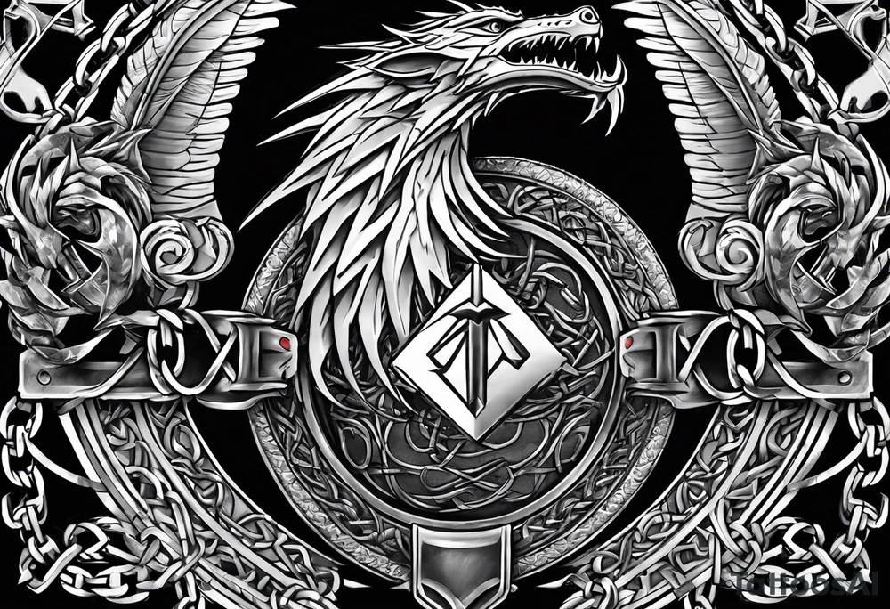 Valhalla sword shield dragon axe Valknut barbed wire chains fire tattoo idea