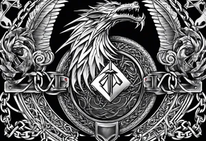 Valhalla sword shield dragon axe Valknut barbed wire chains fire tattoo idea