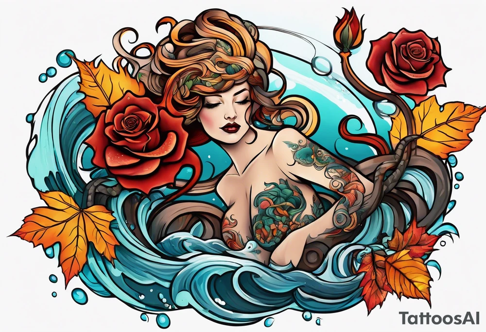abstract left thigh tattoo with a large octopus in water swirls wrapping around rocks, a rose, in fall colors with some small leaves and fall elements tattoo idea