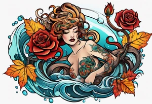 abstract left thigh tattoo with a large octopus in water swirls wrapping around rocks, a rose, in fall colors with some small leaves and fall elements tattoo idea