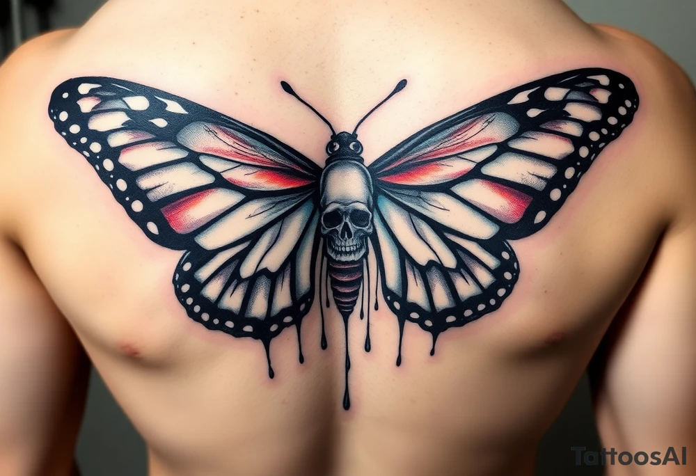 powerful majestic and dark monarch butterfly with skull detail in the wings
hidden skulls in wings, skull detail making the body of the butterfly with a horror style dripping effect, including blue, red and white colouring tattoo idea