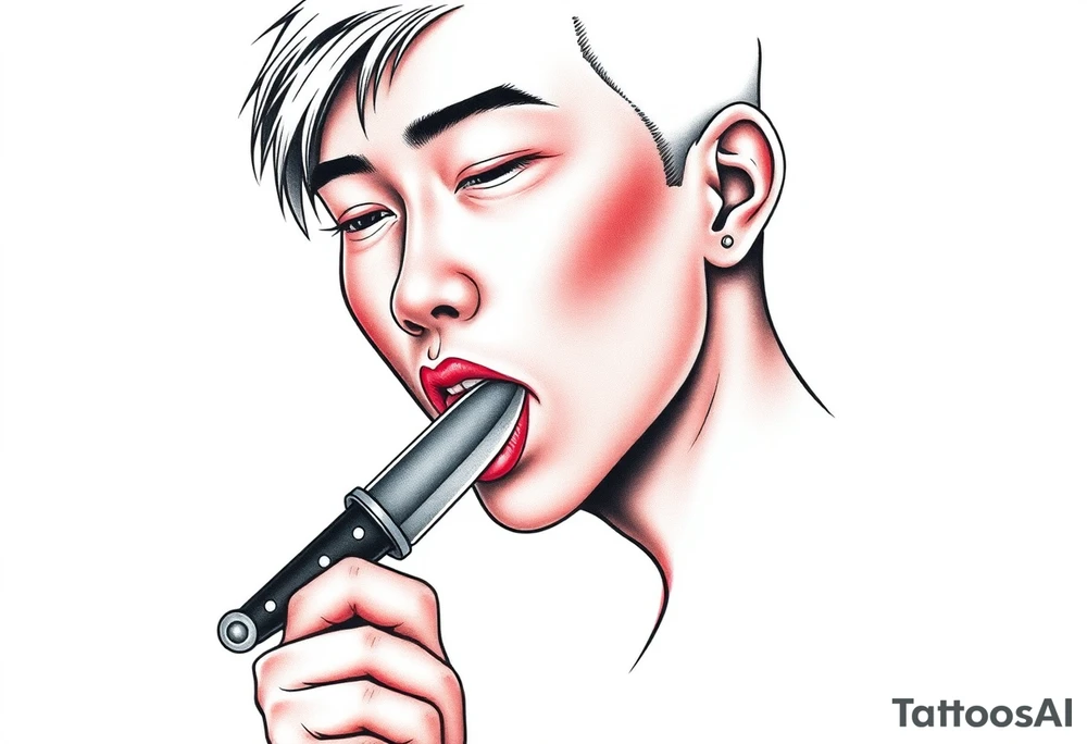 Handsome Asian young guy is licking a ritual knife tattoo idea