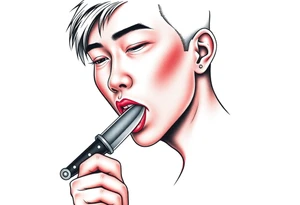 Handsome Asian young guy is licking a ritual knife tattoo idea