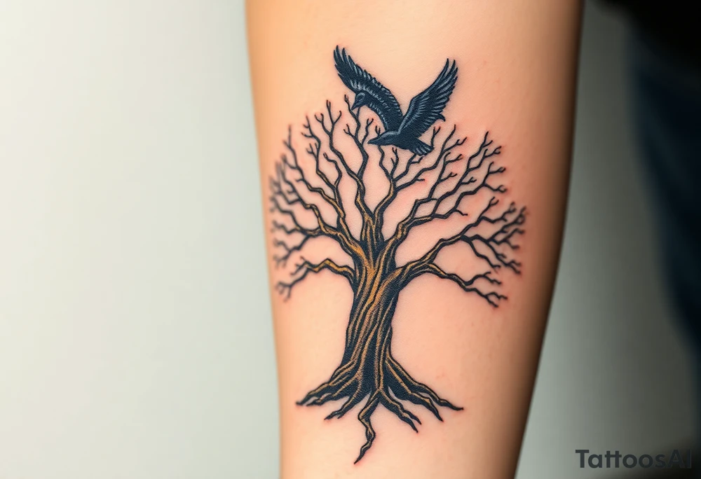 The Tree of Life, color infused, ravens flying around it, tattoo idea
