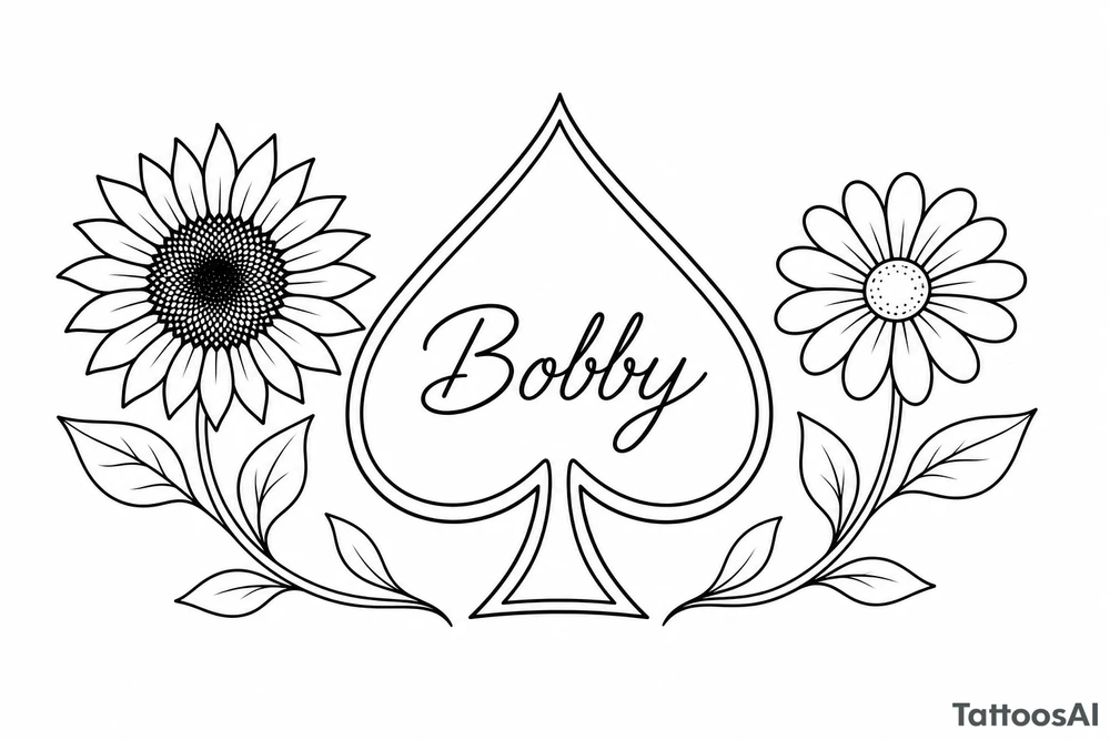 Bobby middle center inside the middle of the spade with a sunflower and a daisy on each side of the spade very super extremely traceable to trace onto notebook paper, very super extremely easy and simple traceable tracing black and white outlining outline coloring pages very super extremely traceable to trace onto notebook paper tattoo idea