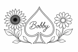Bobby middle center inside the middle of the spade with a sunflower and a daisy on each side of the spade very super extremely traceable to trace onto notebook paper, very super extremely easy and simple traceable tracing black and white outlining outline coloring pages very super extremely traceable to trace onto notebook paper tattoo idea
