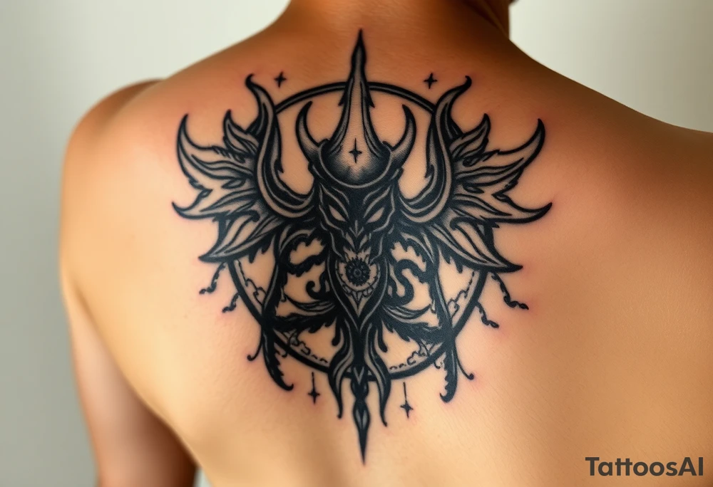 Sak yant Thai tattoo that allows me to access all my powers and magick such as immortality granting immortality to those I ressurect with my blood and creating new magick or allows me to craft new magick grants me telekinesis telepathy allows me to move through shadow to shadow allows me to jump in shadows into the shadow world and move through it allows me to control other people and gods or anyone's magic and body through phychic control as well as seeing spirits and other entities of higher and lower vibrations not seen with naked eyes as well as allows me to communicate with them as  kaluk mizuzu a supreme one or the Lord of lords he who is the supreme reflection of she who is the Lord of the eternal flame tattoo idea