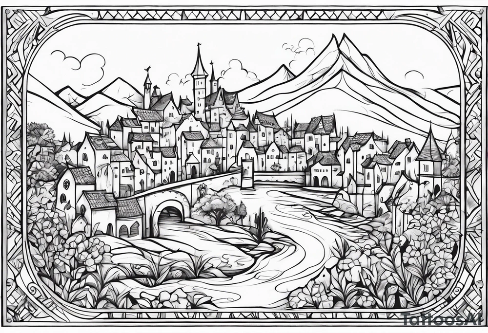 medieval tribal city 
floral  land  vignette tattoo idea