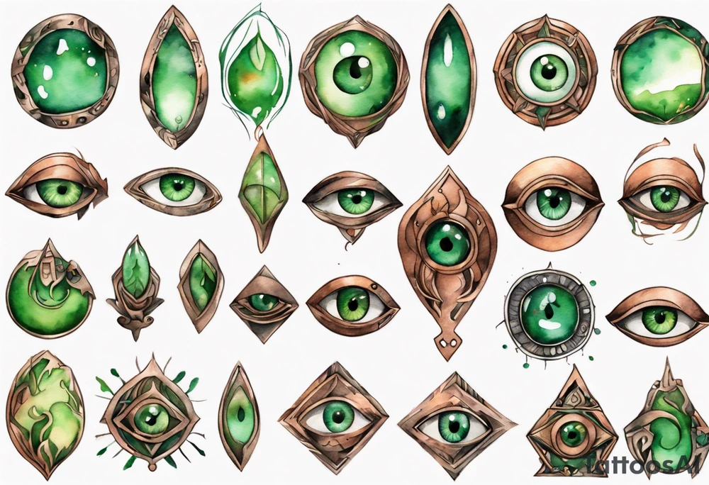 a copper and green eye-shaped amulet tattoo idea