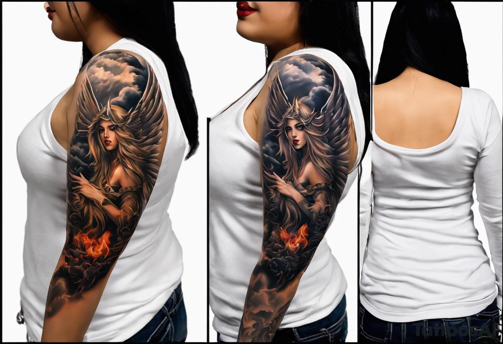 Chest tattoo design split down the middle with a beautiful girl as the centre piece. Angel/heaven side on the left with a staircase going up. Devil/hell side on the right with a staircase going down. Clouds on the angel side. Flames on the hell side. One angel wing & one devil wing as background features. tattoo idea