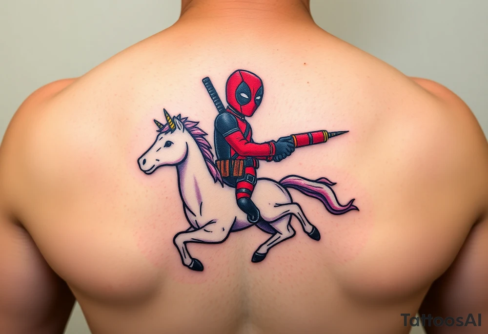 Deadpool riding unicorn pointing rocket propelled grenade launcher tattoo idea