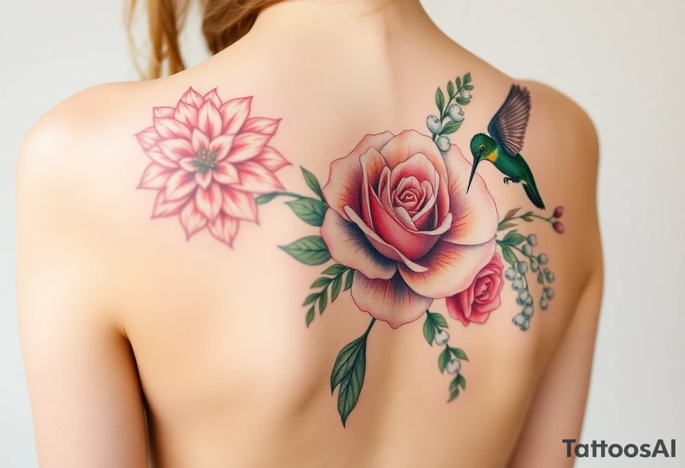 Bouquet of flowers with watercolors carnation, rose, Lily of the valley, delphinium with stems Starting upper middle back to right shoulder With humming bird feeding on rose.  Soft tones tattoo idea