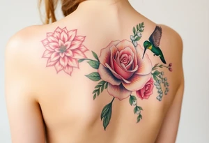 Bouquet of flowers with watercolors carnation, rose, Lily of the valley, delphinium with stems Starting upper middle back to right shoulder With humming bird feeding on rose.  Soft tones tattoo idea