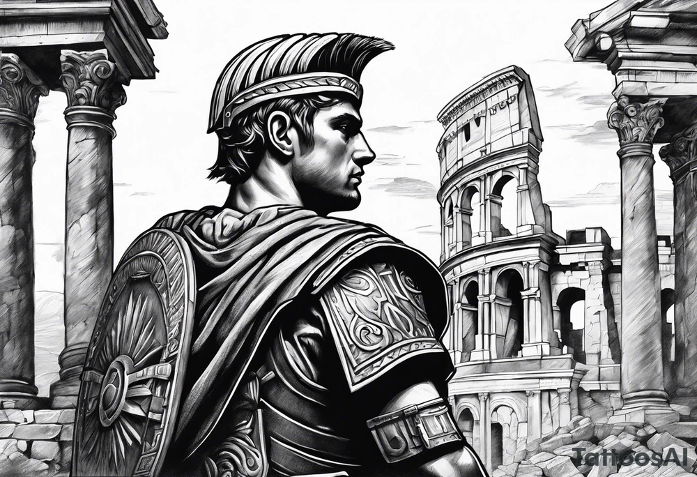 Roman soldier looking left at ruins tattoo idea