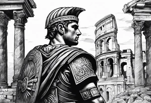Roman soldier looking left at ruins tattoo idea