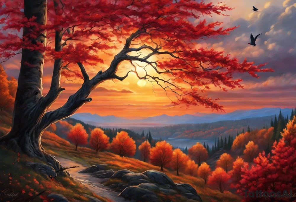 Arm tattoo. Long tattoo. Full sleeve. Shoulder. A single large maple tree with red autumn leaves that branches upwards from wrist to shoulder. White-throated dipper bird on the trees branches. Calluna flowers at the base of the trees stem. Tree stem has dark colors. Red/yellow sunset behind the trees stem. Leaves falling. tattoo idea