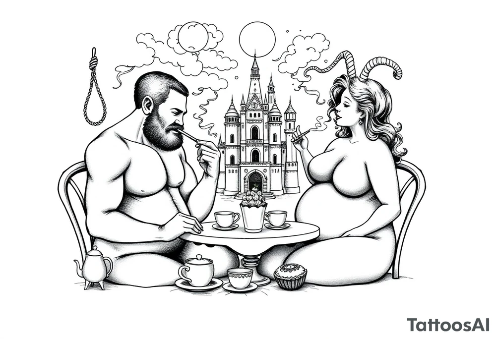 Naked Man and fat woman having sex eating cupcakes and  fruit  having sexy naked fat lady having a tea party with tea pots  with medieval castle  
with mystical  aries a pigs, peacock,  lion, goat, noose and smoking cigerettes looking in the mirror thru storm clouds and broken hearts and darkness and wrath, envy , gluttony, greed, sloth, pride . Gothic tattoo idea