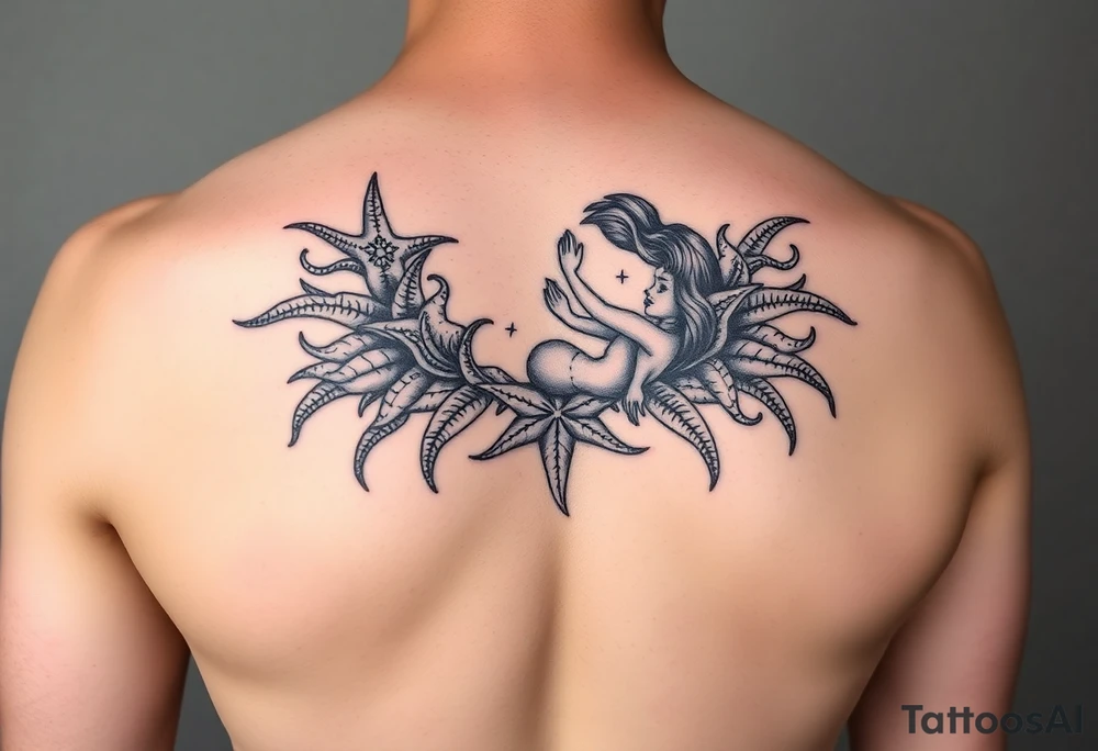 Mermaid in a lagoon sea star bra tattoo idea