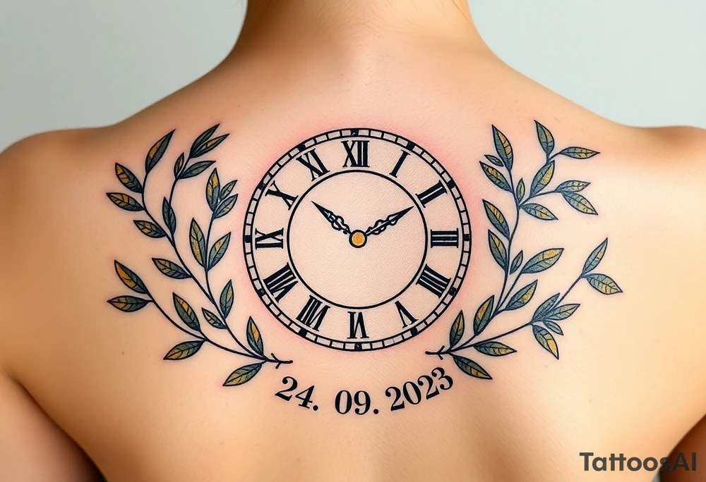 A Roman numeral clock surrounded by olive branches, with baby´s name "Erik" and birth date "24. 09. 2023 in muted green and gold tattoo idea