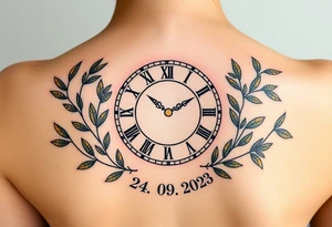 A Roman numeral clock surrounded by olive branches, with baby´s name "Erik" and birth date "24. 09. 2023 in muted green and gold tattoo idea