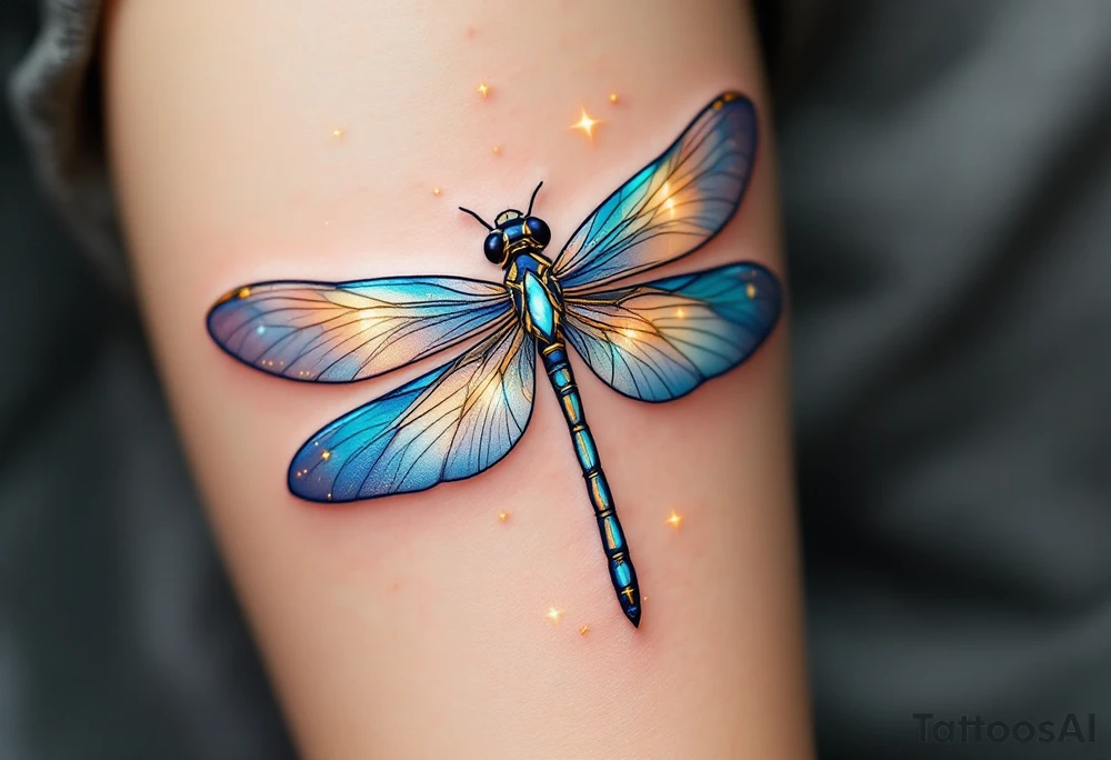 A highly detailed dragonfly with translucent wings in shades of blue, teal, and silver, catching the light with a subtle iridescent shimmer. Its body is adorned with fine gold detailing, and a trail of tiny glowing stars follows its flight, symbolizing change and resilience. tattoo idea