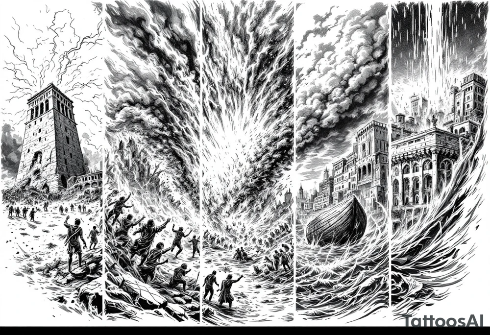 in order.
1. A crumbling tower struck by lightning, with people scattering in chaos.
2. Fire raining down from heaven on a burning city, with smoke rising.
3. A blazing altar with fire falling from heaven
 4. Floodwaters overtaking the earth, with an ark in the distance. tattoo idea