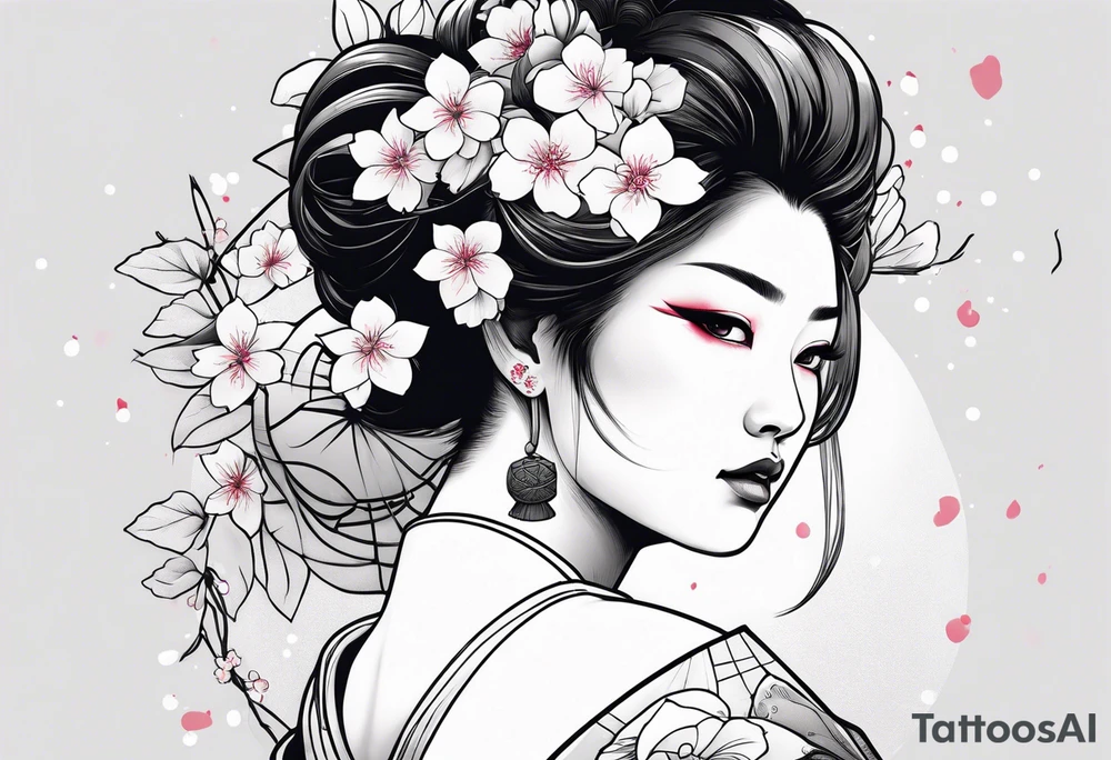 ox with sakura flowers and geisha tattoo idea