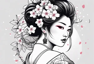 ox with sakura flowers and geisha tattoo idea