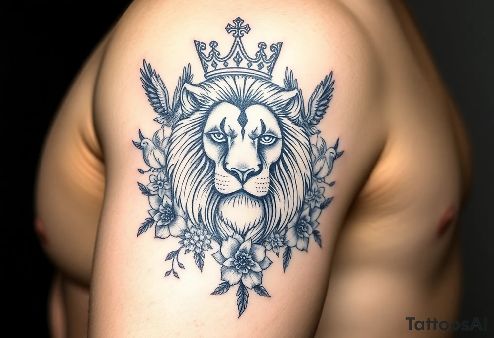 powerful majestic lion with a crown, surrounded by floral ornaments and birds tattoo idea