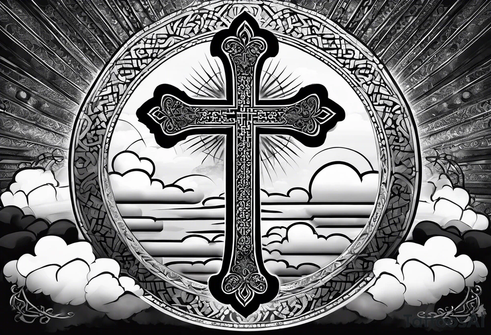 Arabic bible verse with a cross in the background and clouds surrounding the cross. make it realistic and the cross is very simple. The words will be written over the cross. tattoo idea