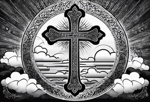 Arabic bible verse with a cross in the background and clouds surrounding the cross. make it realistic and the cross is very simple. The words will be written over the cross. tattoo idea